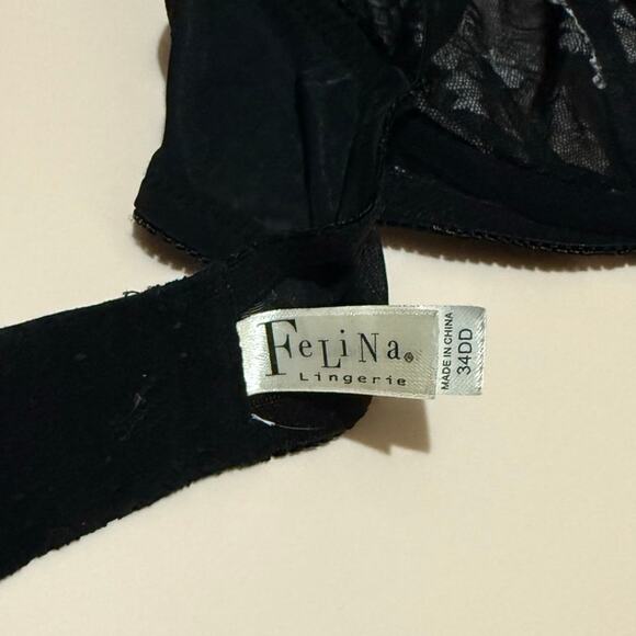 Felina Lingerie Bra 34DD Black Sheer Lace Embroidered Unlined Underwire Floral - Picture 9 of 10
